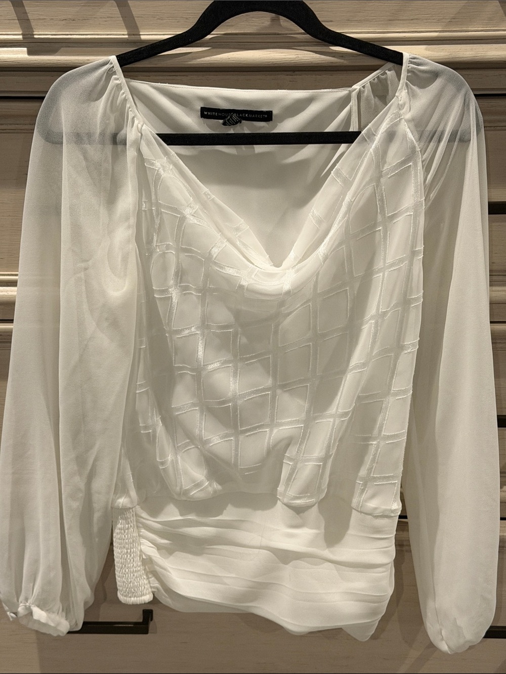 White House Black Market Sheer White Draped Neck Blouse
